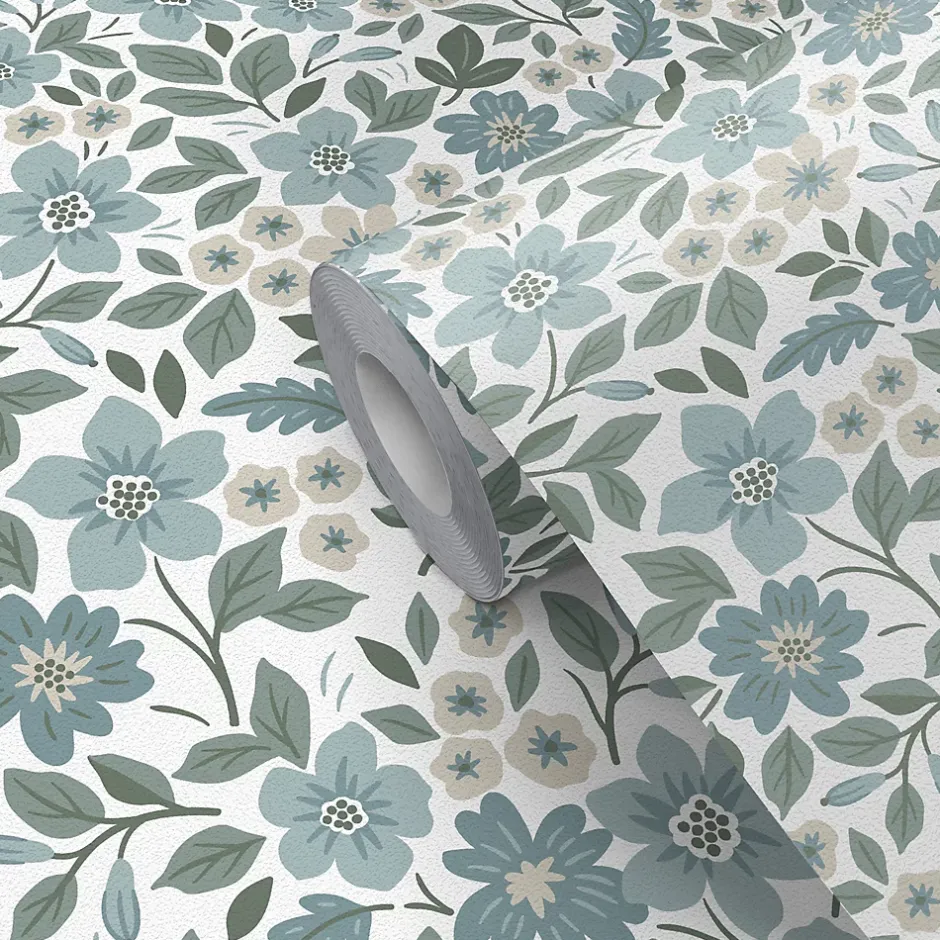 Papier peint pré-encollé vinyle fleuri Easy Roll Aani fleurs bleu l.53 x H.1005 cm-GoodHome Hot