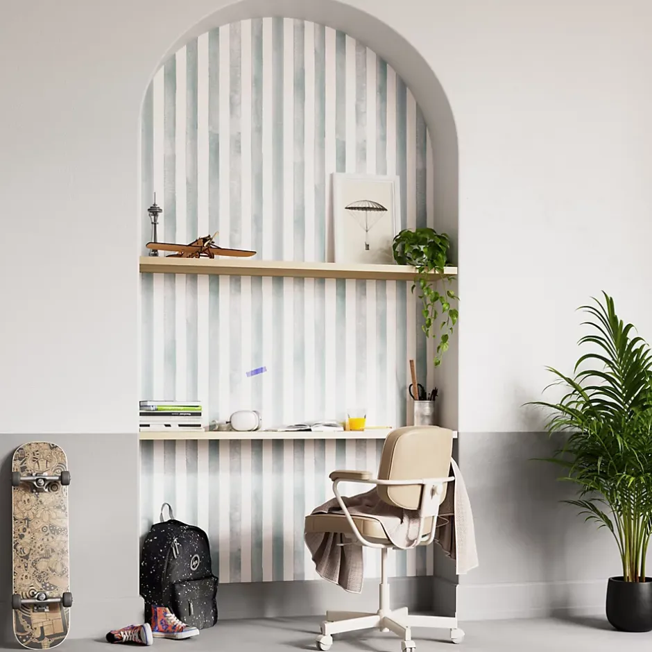 GoodHome Papier peint pré-encollé vinyle à rayures Easy Roll Satori rayures bleu l.53 x H.1005 cm