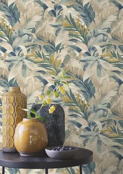 Papier peint vinyle expansé intissé feuillages exotic beige l.53 x H.1005 cm-Rasch Outlet