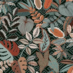 Lutece Papier peint vinyle intissé Sejours & Chambres mat et satiné feuilles vert, bleu vert, orange, cuivre l.1005 x l.53 cm