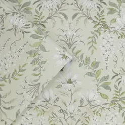 Laura Ashley Papier peint vinyle intissé fleuri vert L.1000 x l.52 cm Parterre