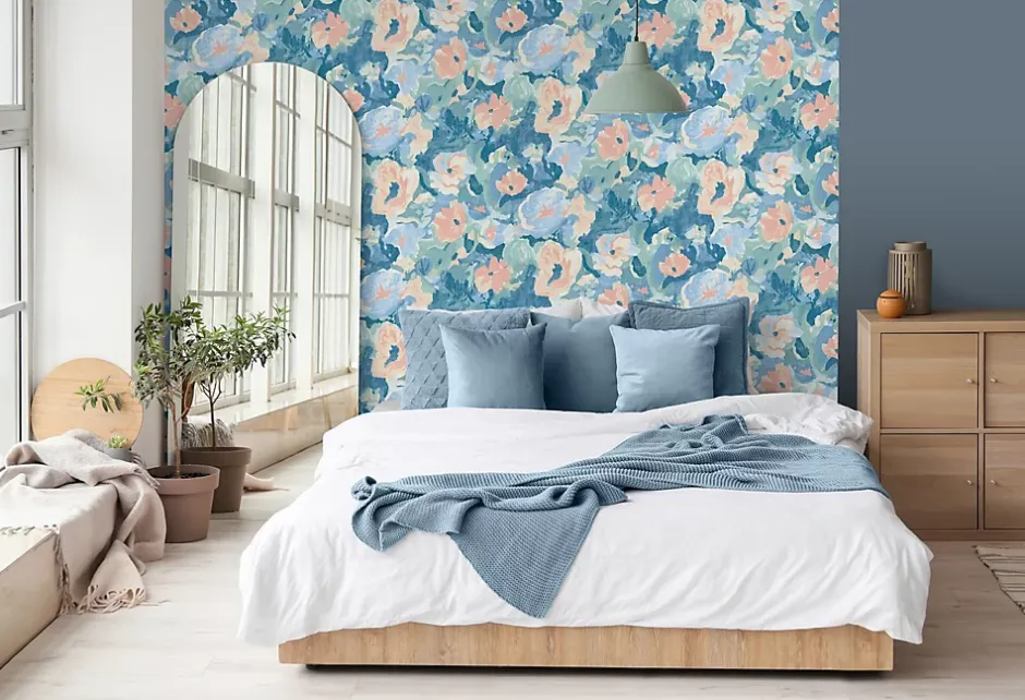 Papier peint vinyle intissé fleuri Floral gouache vert, bleu pastel L.1005 x l.53cm Ugèpa-Ugepa Clearance