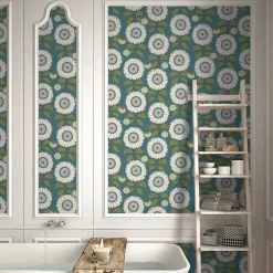 Papier peint vinyle intissé Cuisines & Bains mat et satiné tournesol, fleurs bleu, vert l.1005 x l.53 cm-Lutece Sale