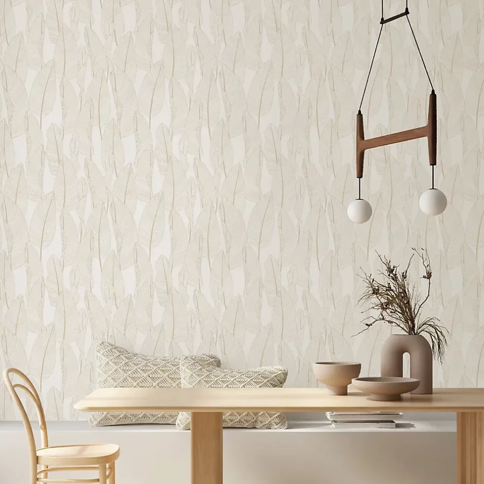 Lutèce Papier peint vinyle intissé feuille de bananier beige, terracotta L.1005 x l.53cm