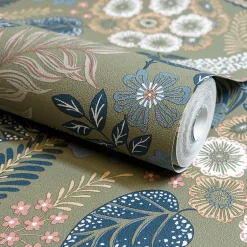 Papier peint vinyle intissé fleuri Alice vert kaki L.1005 x l.53cm-Grandeco Hot