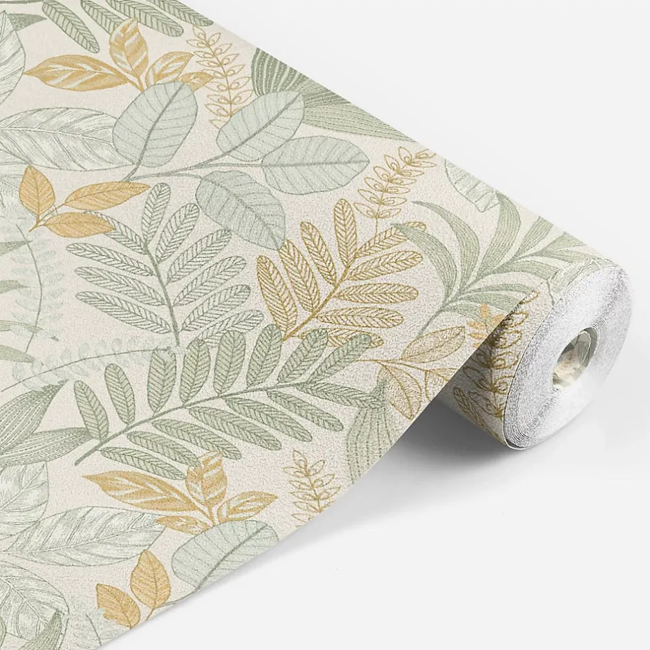 Lutece Papier peint vinyle intissé Allure mat et satiné feuilles jaune, vert, bleu l.1005 x l.53 cm