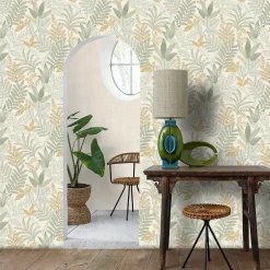 Lutece Papier peint vinyle intissé Allure mat et satiné feuilles jaune, vert, bleu l.1005 x l.53 cm