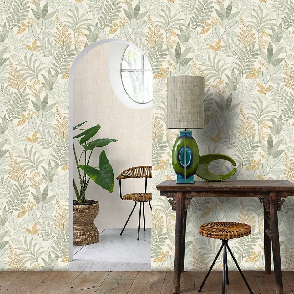 Lutece Papier peint vinyle intissé Allure mat et satiné feuilles jaune, vert, bleu l.1005 x l.53 cm