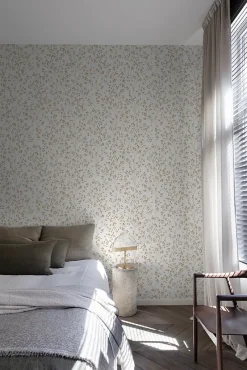 Papier peint vinyle intissé feuillage Omura doré, blanc L.1005 x l.53cm-Grandeco Best