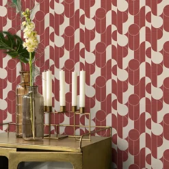 GoodHome Papier peint vinyle intissé rond géométrique terracotta et blanc L.10m x l.53cm