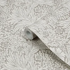 Papier peint vinyle intissé fleuri effet métallique beige crème L.1000 x l.52 cm Marigold-William Morris Clearance