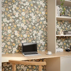 GoodHome Papier peint vinyle intissé fleuri liberty vert L.53 x l.1005 cm Amity