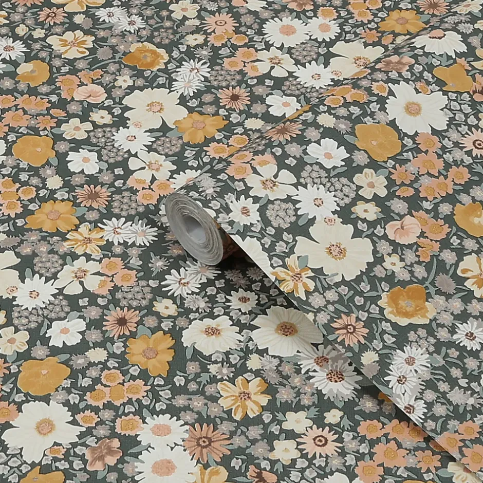 GoodHome Papier peint vinyle intissé fleuri liberty vert L.53 x l.1005 cm Amity