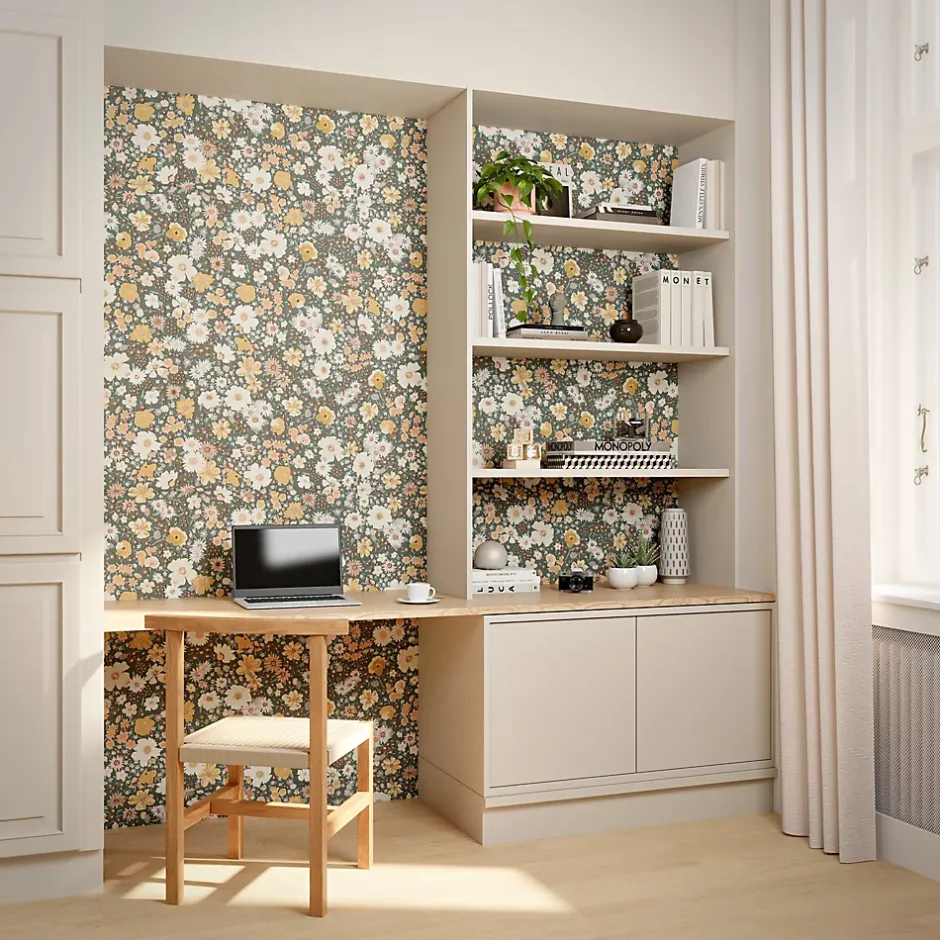 GoodHome Papier peint vinyle intissé fleuri liberty vert L.53 x l.1005 cm Amity