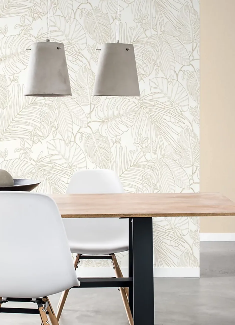 Papier peint vinyle intissé expansé feuillage beige L.1005 x l.53cm, Jungle sertie-Rasch Hot