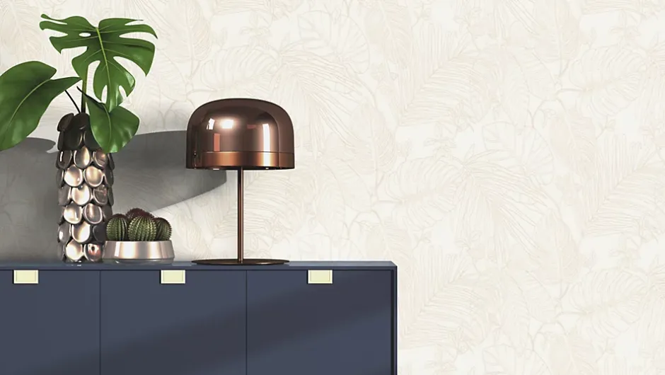 Papier peint vinyle intissé expansé feuillage beige L.1005 x l.53cm, Jungle sertie-Rasch Hot