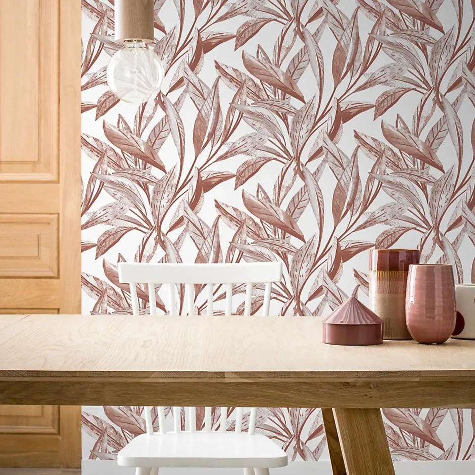GoodHome Papier peint vinyle intissé Cicillo feuillage terracotta L.1000 x l.53cm