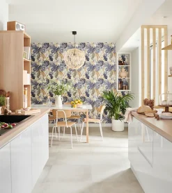 GoodHome Papier peint vinyle sur intissé Ferula bleu