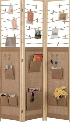 Giantex Paravent Interieur 3 Panneaux en Faux Lin avec 8 Poches, Cloison de Séparation Pliable, Bureau, 120x170CM,Naturel Clips