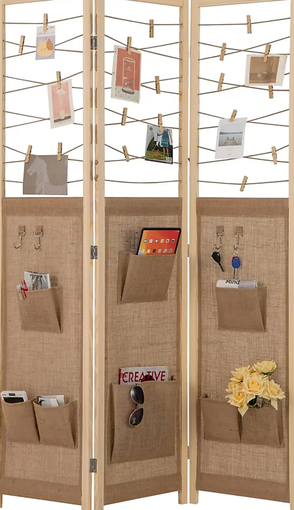 Giantex Paravent Interieur 3 Panneaux en Faux Lin avec 8 Poches, Cloison de Séparation Pliable, Bureau, 120x170CM,Naturel Clips