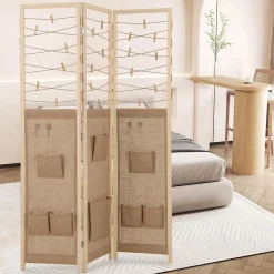 Giantex Paravent Interieur 3 Panneaux en Faux Lin avec 8 Poches, Cloison de Séparation Pliable, Bureau, 120x170CM,Naturel Clips