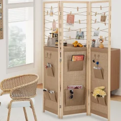 Giantex Paravent Interieur 3 Panneaux en Faux Lin avec 8 Poches, Cloison de Séparation Pliable, Bureau, 120x170CM,Naturel Clips