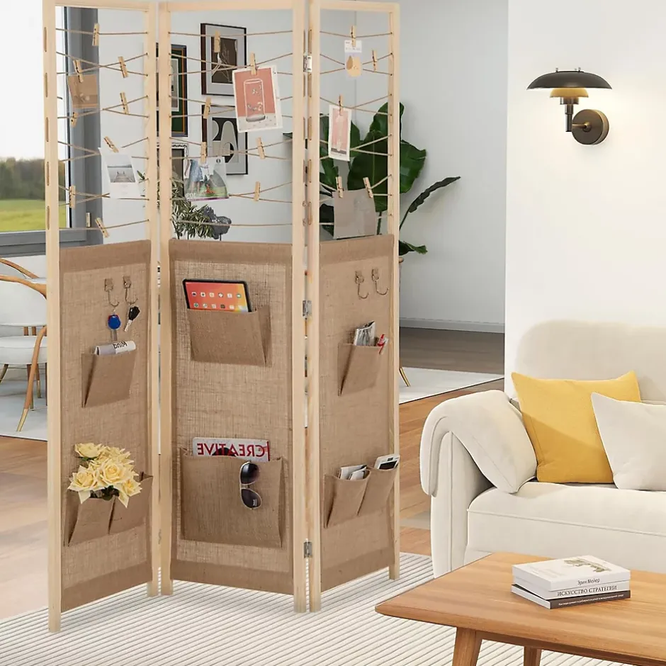 Giantex Paravent Interieur 3 Panneaux en Faux Lin avec 8 Poches, Cloison de Séparation Pliable, Bureau, 120x170CM,Naturel Clips