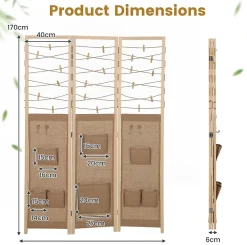 Giantex Paravent Interieur 3 Panneaux en Faux Lin avec 8 Poches, Cloison de Séparation Pliable, Bureau, 120x170CM,Naturel Clips