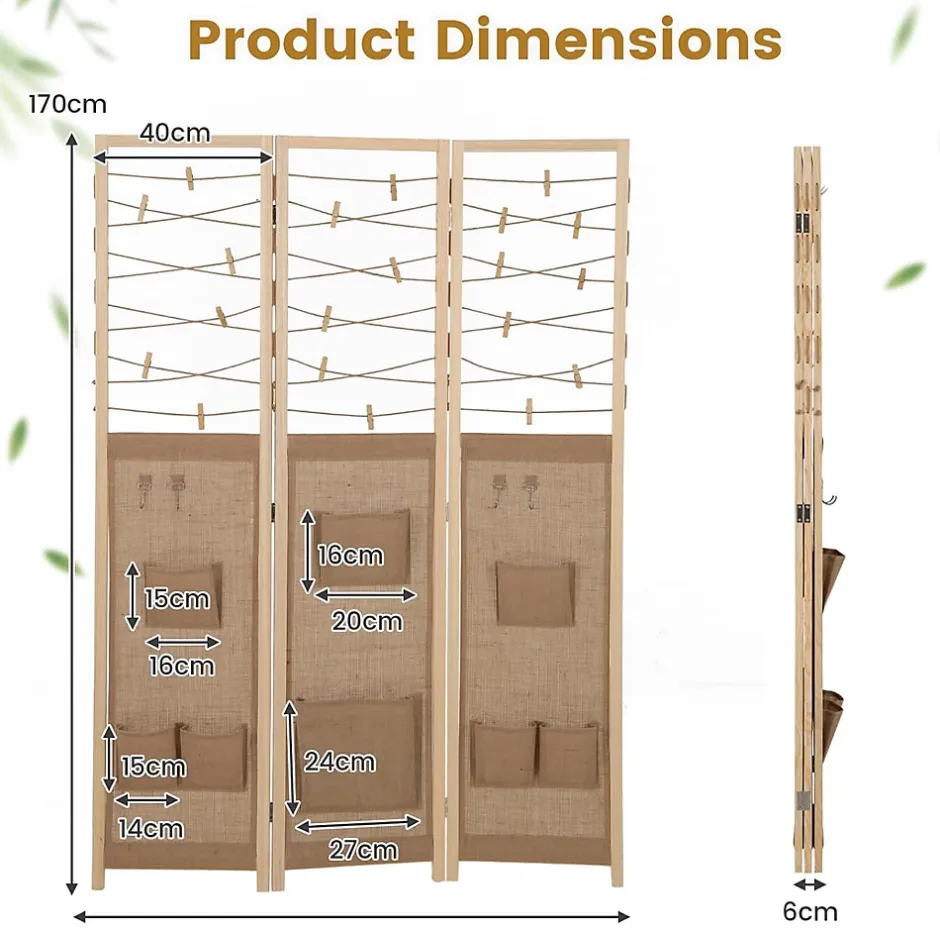Giantex Paravent Interieur 3 Panneaux en Faux Lin avec 8 Poches, Cloison de Séparation Pliable, Bureau, 120x170CM,Naturel Clips