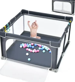 Parc Bébé 10 Mois à 6 Ans Parc Bebe en maille avec Balles et 4 Anneaux Centre activités de Parc Enfant Gris Foncé-Giantex Discount