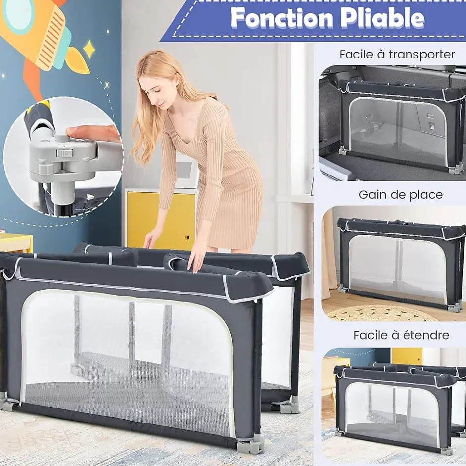 Parc Bébé 10 Mois à 6 Ans Parc Bebe en maille avec Balles et 4 Anneaux Centre activités de Parc Enfant Gris Foncé-Giantex Discount