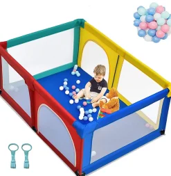 Giantex Parc Bébé 10 Mois à 6 Ans Parc Bebe en maille avec Balles et 4 Anneaux Centre activités de Parc Enfant Multicolore