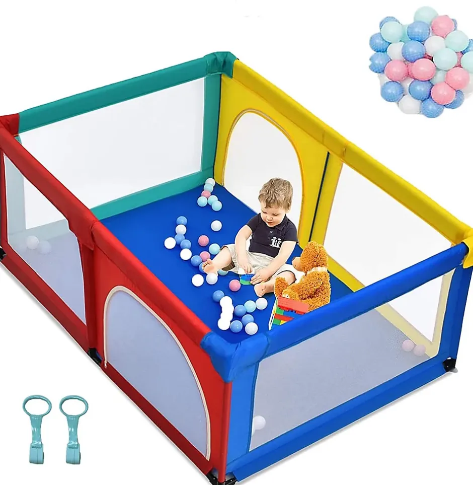 Giantex Parc Bébé 10 Mois à 6 Ans Parc Bebe en maille avec Balles et 4 Anneaux Centre activités de Parc Enfant Multicolore