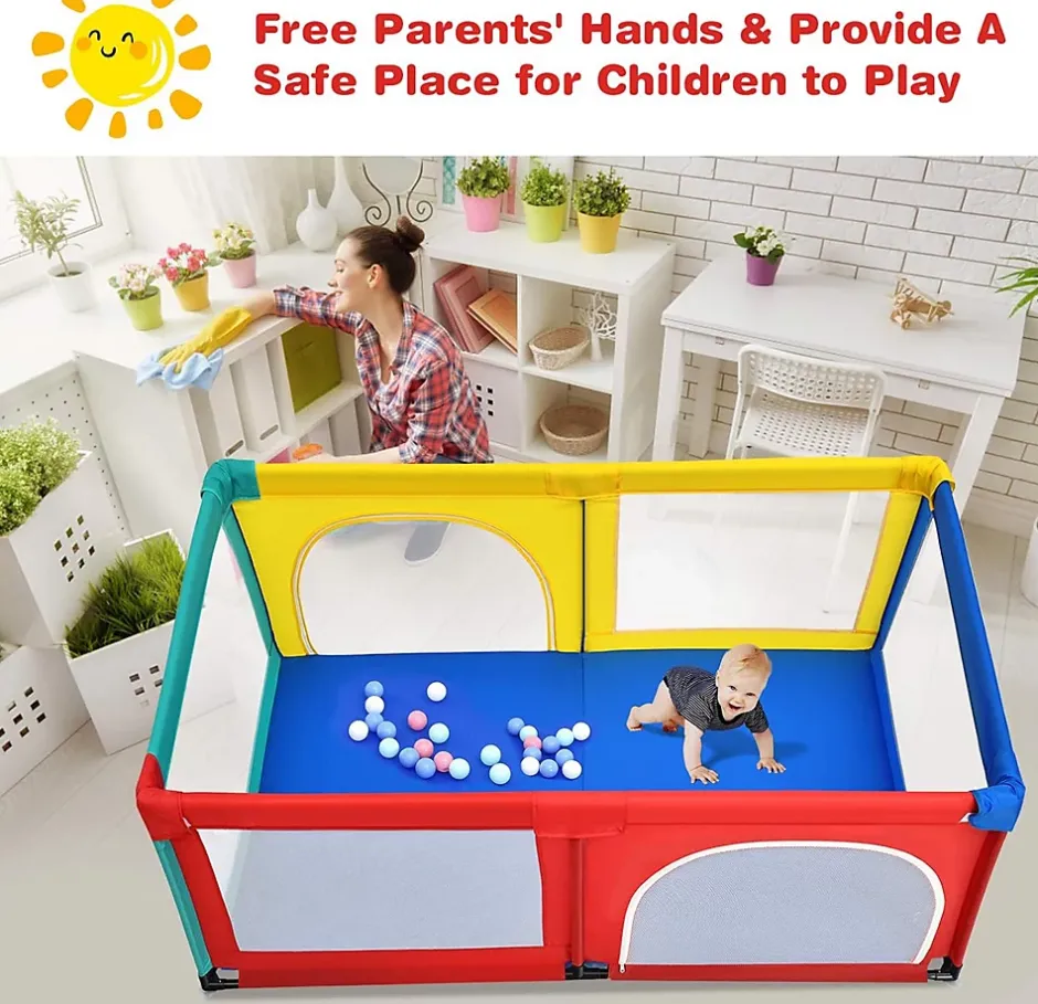 Giantex Parc Bébé 10 Mois à 6 Ans Parc Bebe en maille avec Balles et 4 Anneaux Centre activités de Parc Enfant Multicolore