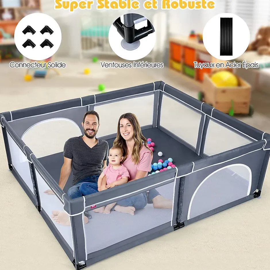 Giantex Parc Bébé 10 Mois à 6 Ans Parc Bebe en maille avec Balles et 4 Anneaux Centre activités de Parc Enfant Gris Fonce