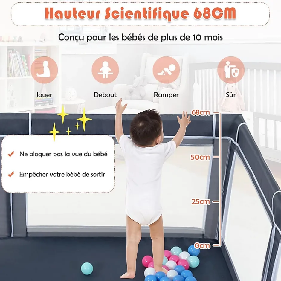 Giantex Parc Bébé 10 Mois à 6 Ans Parc Bebe en maille avec Balles et 4 Anneaux Centre activités de Parc Enfant Gris Fonce