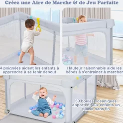 Giantex Parc Bébé 10 Mois à 6 Ans Parc Bebe en maille avec Balles et 4 Anneaux Centre activités de Parc Enfant Gris