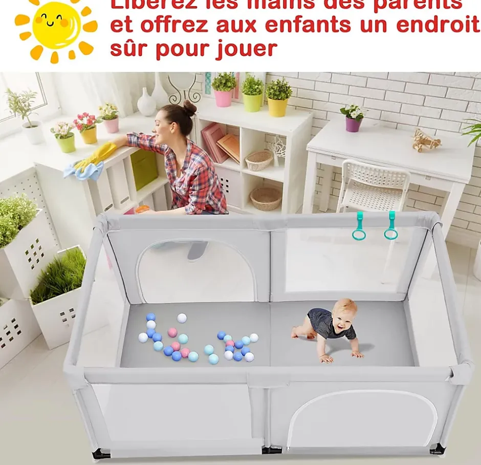 Parc Bébé 10 Mois à 6 Ans Parc Bebe en maille avec Balles et 4 Anneaux Centre activités de Parc Enfant Gris-Giantex Sale