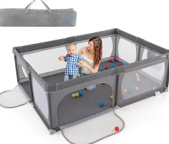 Giantex Parc Bébé avec 50 Boules Océaniques et Grande Porte à Fermeture Éclair, Sac Portable, Aire de Jeu 206 x 147 x 68,5CM, Gris