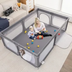 Giantex Parc Bébé avec 50 Boules Océaniques et Grande Porte à Fermeture Éclair, Sac Portable, Aire de Jeu 206 x 147 x 68,5CM, Gris