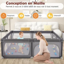 Giantex Parc Bébé avec 50 Boules Océaniques et Grande Porte à Fermeture Éclair, Sac Portable, Aire de Jeu 206 x 147 x 68,5CM, Gris