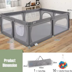Giantex Parc Bébé avec 50 Boules Océaniques et Grande Porte à Fermeture Éclair, Sac Portable, Aire de Jeu 206 x 147 x 68,5CM, Gris