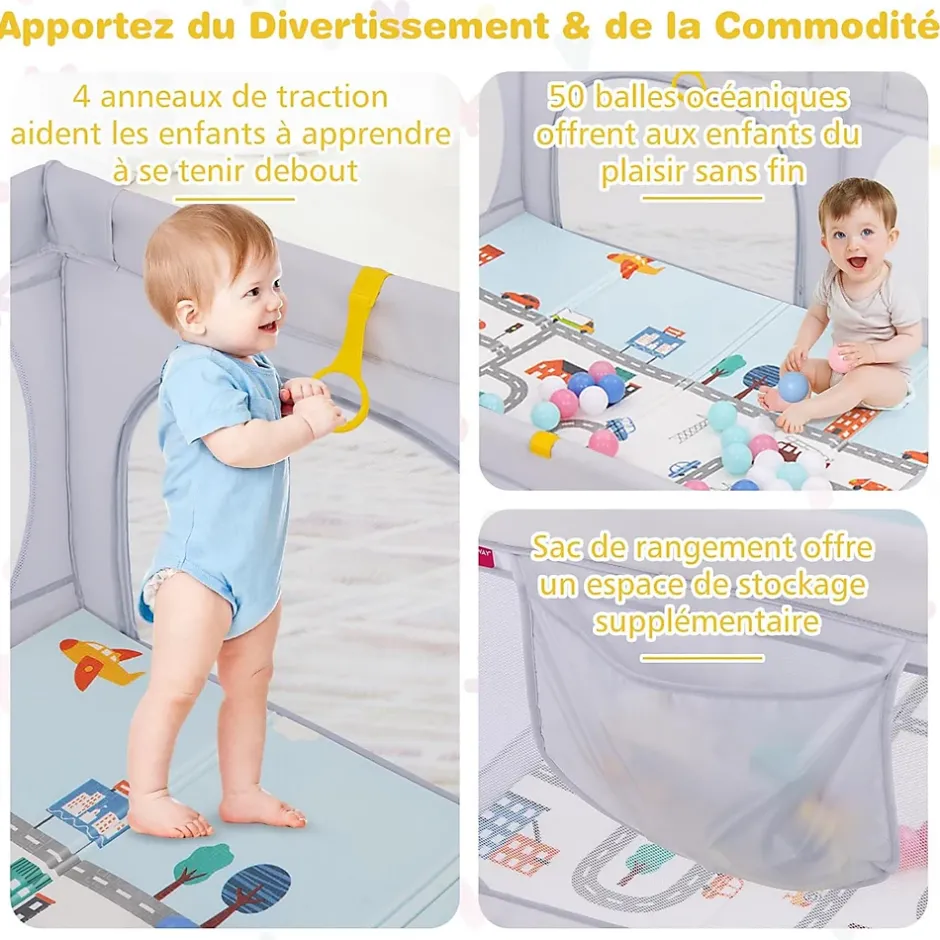 Giantex Parc Bébé avec Tapi Grand Parc Bébé avec 4 Anneaux de Traction 50 Balles Océaniques Sac de Transport Parc en Maille Gris