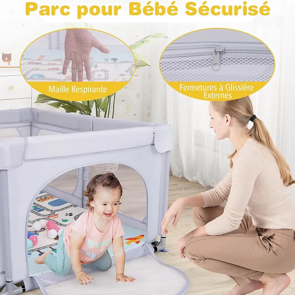 Giantex Parc Bébé avec Tapi Grand Parc Bébé avec 4 Anneaux de Traction 50 Balles Océaniques Sac de Transport Parc en Maille Gris