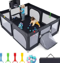 Parc Bebe avec 50 Balles Océaniques, Parc Enfant avec Panier de Basket, Porte Zippée, Gris Foncé, 88 x 157 x 100 cm-Giantex Hot