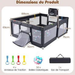 Parc Bebe avec 50 Balles Océaniques, Parc Enfant avec Panier de Basket, Porte Zippée, Gris Foncé, 88 x 157 x 100 cm-Giantex Hot