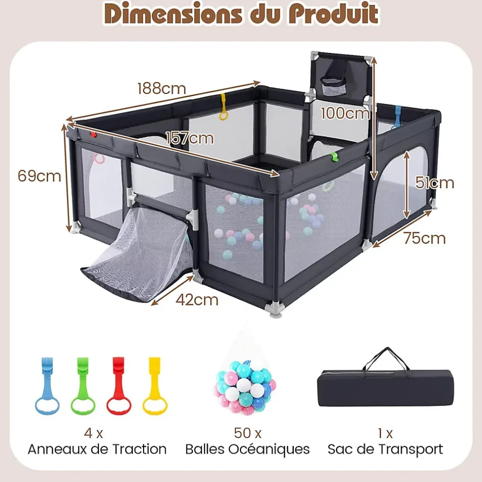 Parc Bebe avec 50 Balles Océaniques, Parc Enfant avec Panier de Basket, Porte Zippée, Gris Foncé, 88 x 157 x 100 cm-Giantex Hot