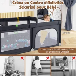 Parc Bebe avec 50 Balles Océaniques, Parc Enfant avec Panier de Basket, Porte Zippée, Gris Foncé, 88 x 157 x 100 cm-Giantex Hot
