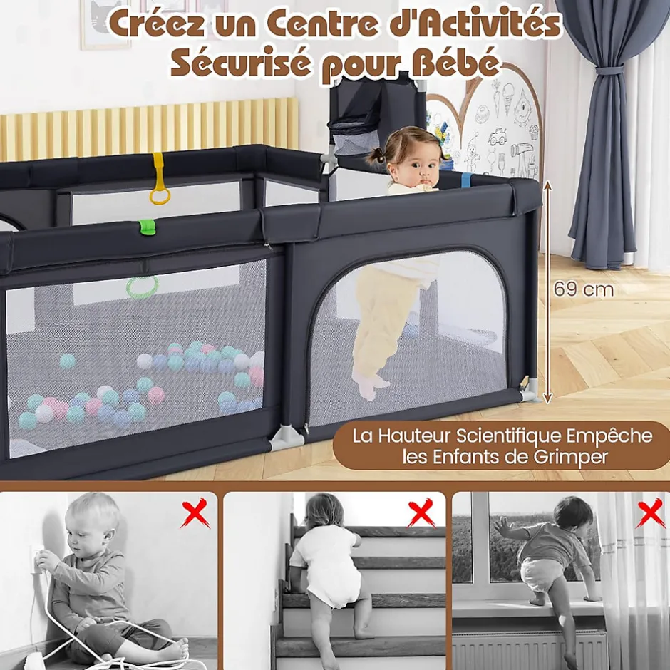 Parc Bebe avec 50 Balles Océaniques, Parc Enfant avec Panier de Basket, Porte Zippée, Gris Foncé, 88 x 157 x 100 cm-Giantex Hot