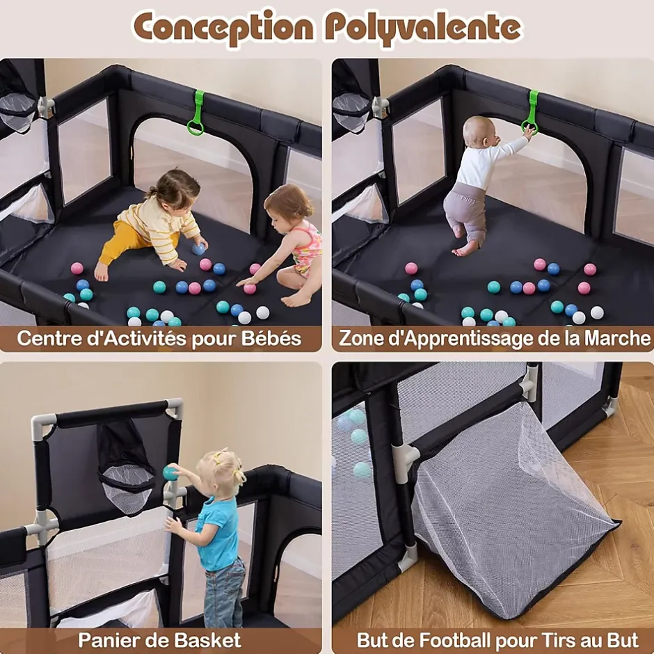 Parc Bebe avec 50 Balles Océaniques, Parc Enfant avec Panier de Basket, Porte Zippée, Gris Foncé, 88 x 157 x 100 cm-Giantex Hot